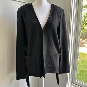 St. John Black Wool Blend Knit Cardigan Size 8 / Medium Chiffon Overlay Detail